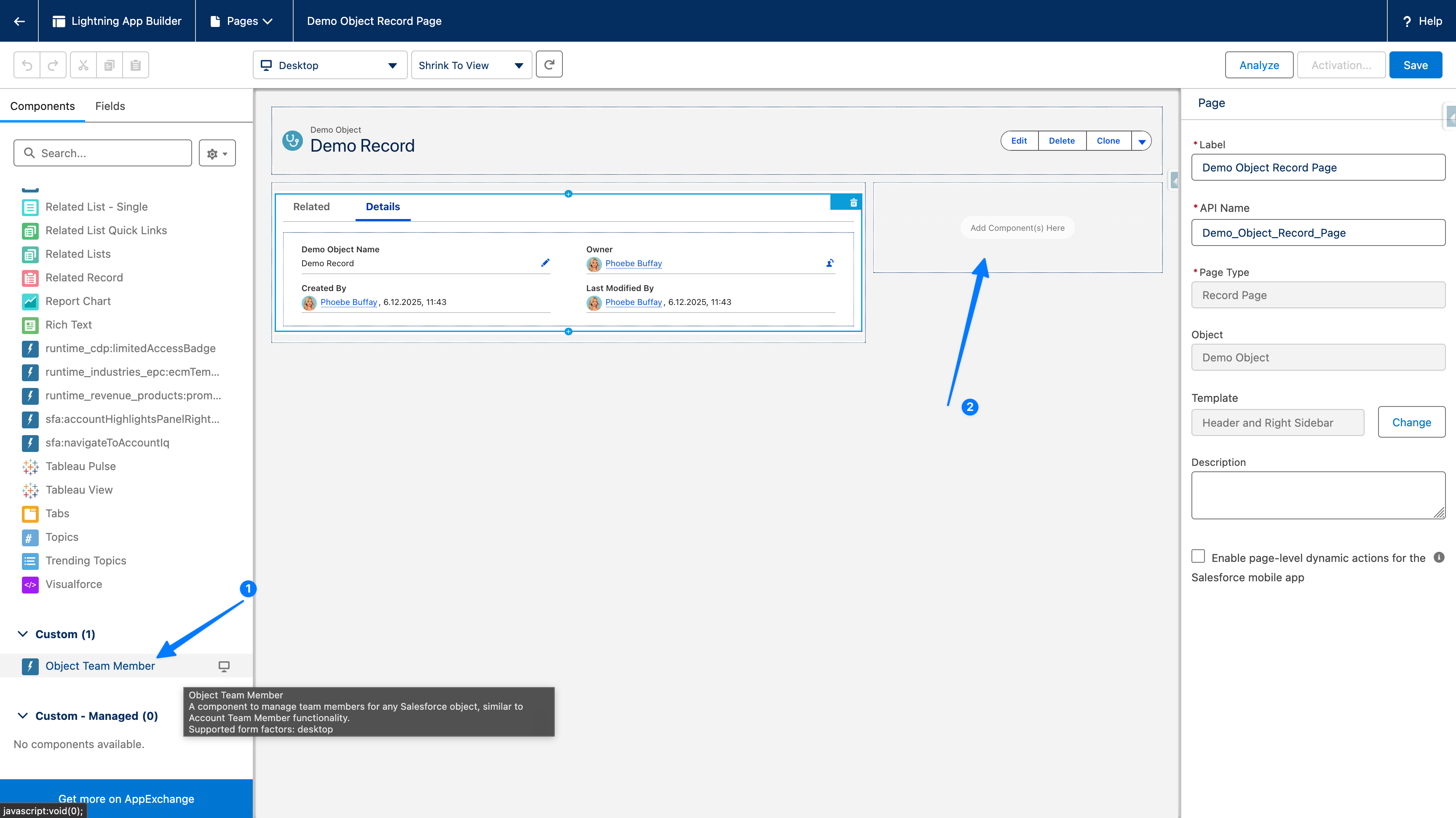 Salesforce Lightning App Builder with the Object Team Member component being added to a record page